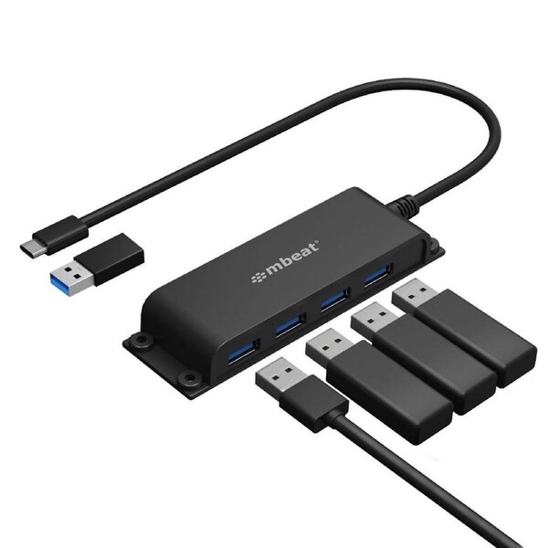 mbeat Mountable 4-Port USB-A & USB-C Adapter Hub - 60cm Data Cable, USB 3.0, 2.0 High-Speed Data Port Expansion, Save Space Mounting Solution