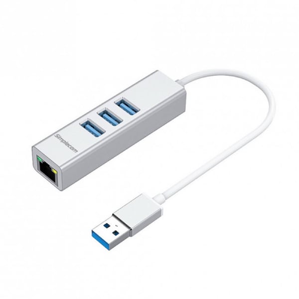Simplecom CHN420 Silver Aluminium 3 Port SuperSpeed USB HUB with Gigabit