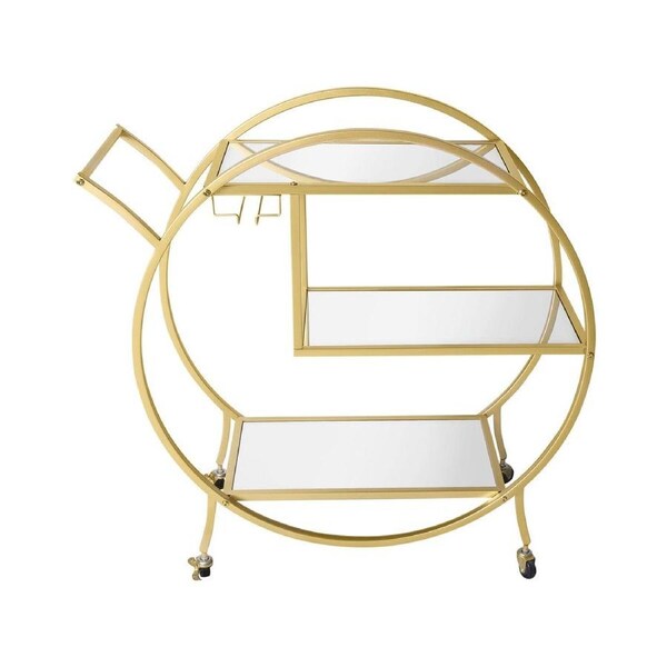 Bar Cart Wine Rack Drinks Trolley Gold Glass Holder Serving Alcohol Tea Coffee Mirror Shelves Metal Frame Mobile Wheels Round Rolling Kitchen Storage