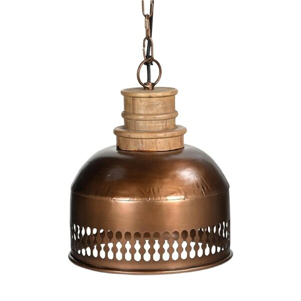 TFS Copper Cut-Out Pendant Light Rustic Metal & Wood Hanging Lampshade
