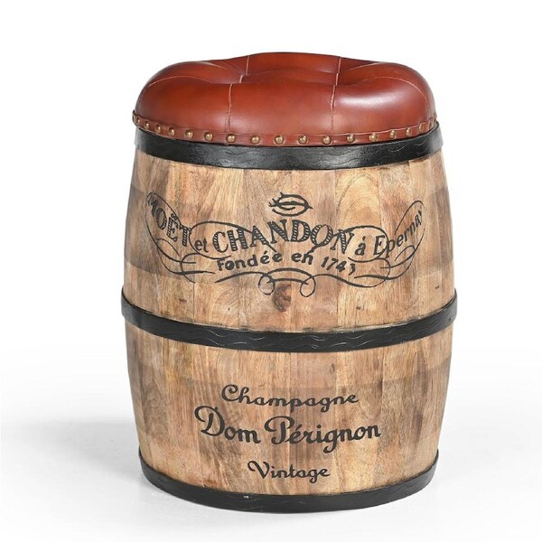 TFS Moet Chandon Ottoman Brown Goat Leather Seat with Barrel-Shaped Mango Wood Base, 54x46x46