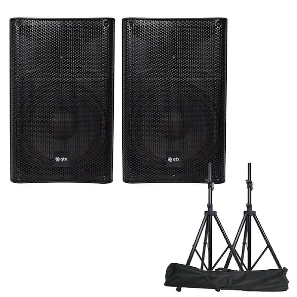 QTX Quest-10AS Powerful Active PA cabinet Bluetooth FM tuner Speakers with Stands