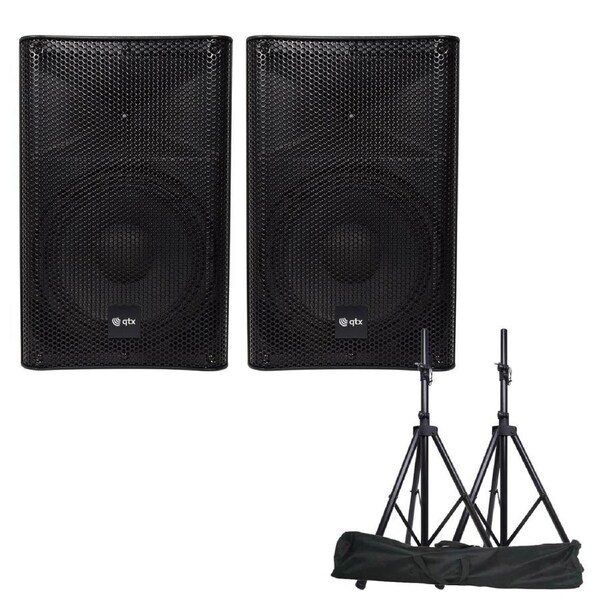 QTX Quest-12AS Powerful Active PA cabinet Bluetooth FM tuner Speakers with Stands