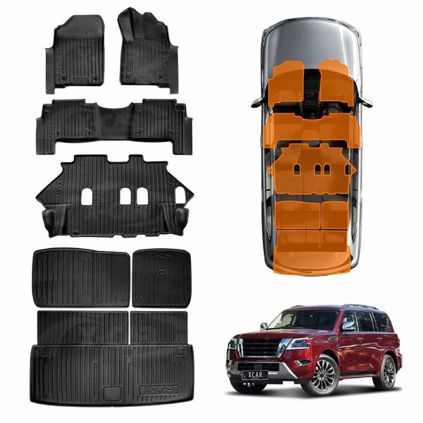 Floor Mats Boot Liners Set for Nissan Patrol 2012-Onwards Y62 Series All Weather Heavy Duty 3 Pcs Version Cargo Car Trunk Luggage Tray