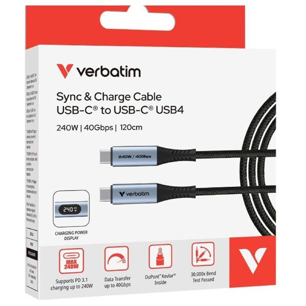 Verbatim Sync & Charge USB C to USB C 240W 40 Gbps Display 120 cm