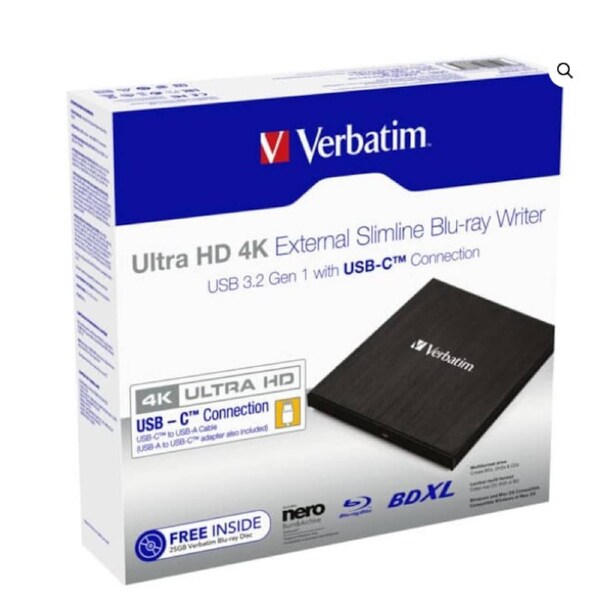 Verbatim External Slim Blue-ray Writer Ultra HD 4K Type-C Connection USB 3.1