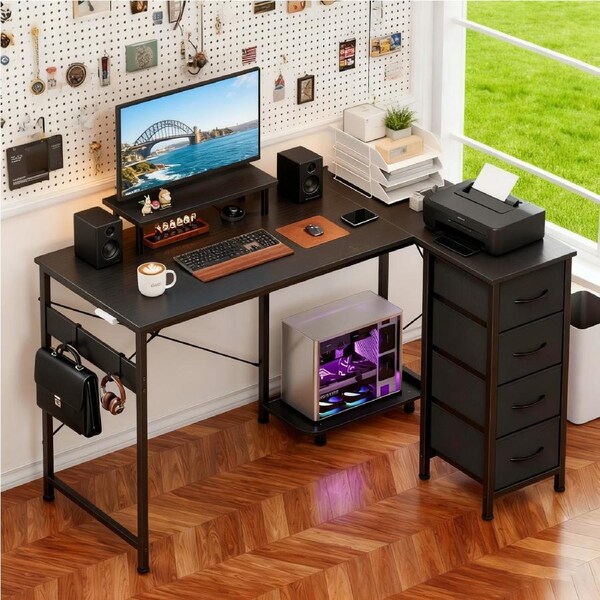 ApexSpace L-Shaped Computer Desk with Drawers and Monitor Stand, Black 120 x 80cm