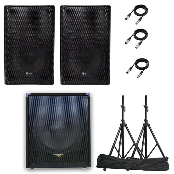 QTX Quest-12SUB Complete Active PA System Bluetooth FM tuner SD with Stands