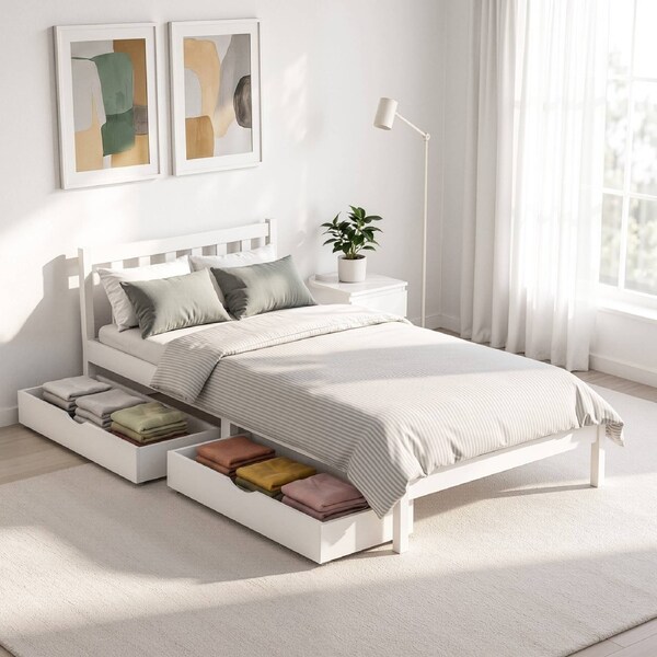 Artiss Bed Frame Single Size Wooden Base with 2 Drawers(White)