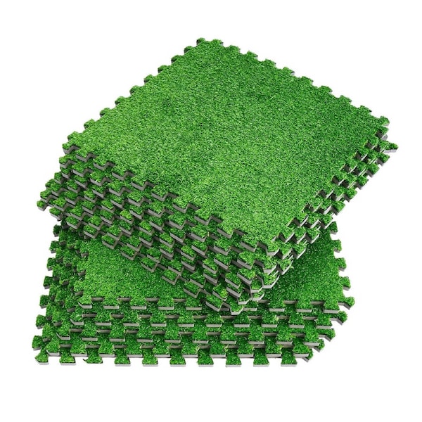Artificial Grass Mat 12PCS Turf Floor Carpet Green Interlocking Tiles For Garden