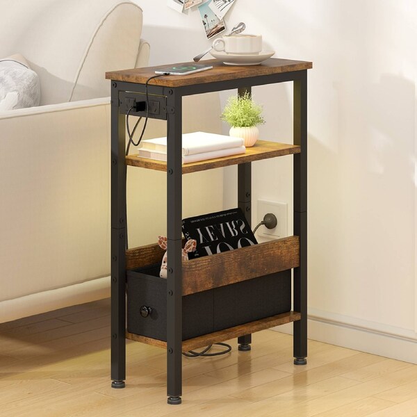Advwin LED Side Table w/ Charging Station Narrow Bedside Table w/ Open Drawer & Open Shelf Walnut