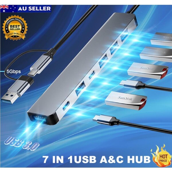 USB C Hub 7 in 1 USB Hub Aluminum USB C & USB Hub with USB 3.0 USB 2.0 Ports for PC/Laptops/MacBook Pro/Air/iMac/iPad and More Devices