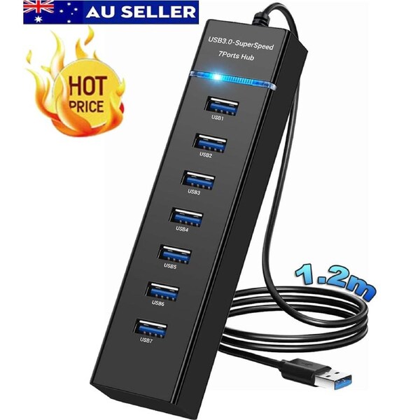 USB Hub 3.0 7-Ports USB Hub Splitter Extender 5Gbps Data with 4ft Cable for Laptop, PC, MacBook, Surface Pro, Windows, Flash Drive, Mobile HDD
