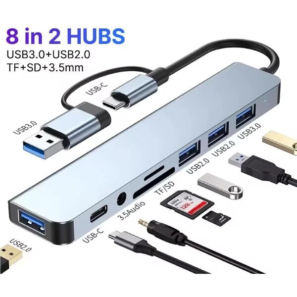 USB C Hub USB Splitter 8 in 2 USB Extender with 4 USB Port 1 USB C Jack TF/SD Card Reader 3.5mm Audio Output for MacBook / iPad / iPhone / Laptop