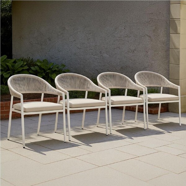 Fraser White Aluminium Outdoor Dining Chairs with Arms - Beige Rope and Cushion (Set of 4)