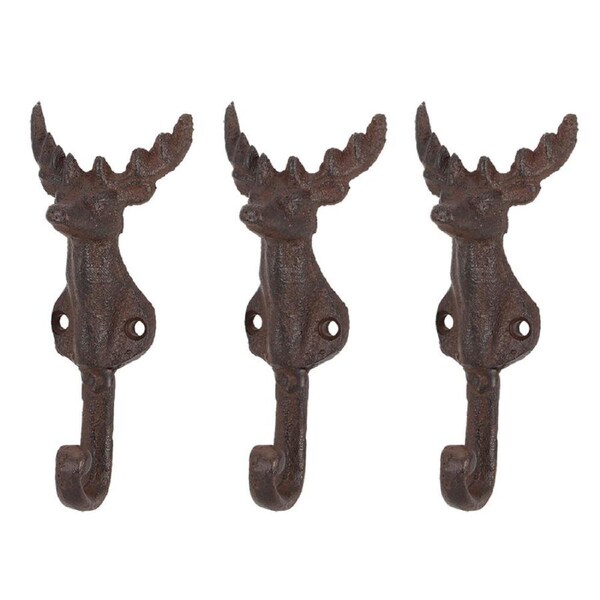 3PK Esschert Design Cast Iron Deer Head Wall Hook Classic Decor 13.7cm Brown