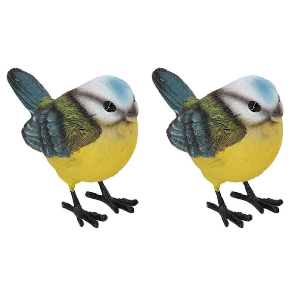 2PK Esschert Design Blue Tit Bird Statue Garden Decor Animal Ornament Yellow