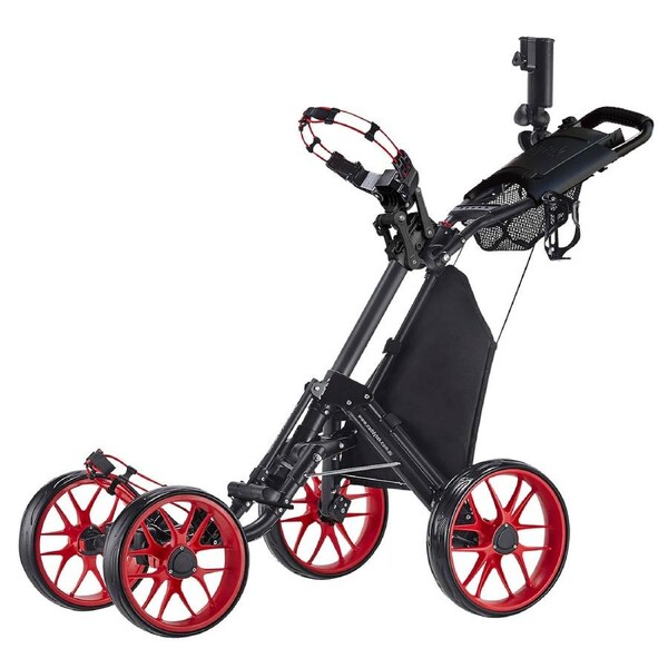 CaddyTek CaddyCruiser ONE Pro One-Click Folding 4-Wheel Golf Push Cart - Red