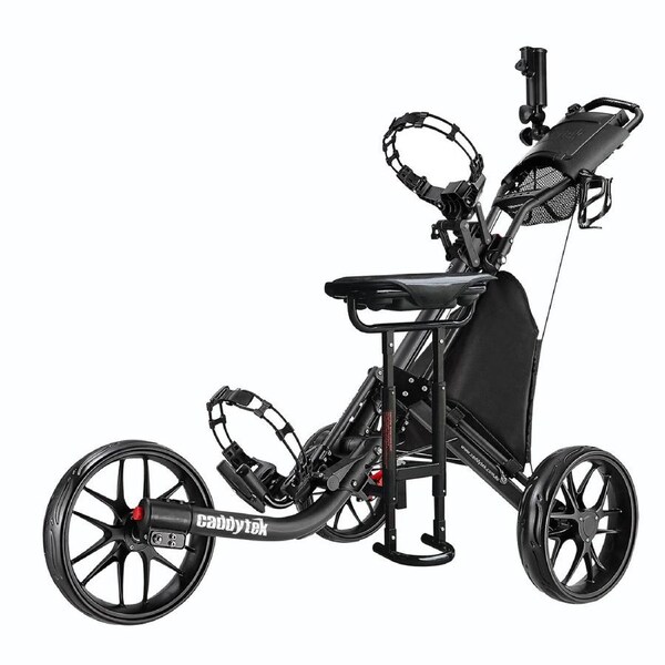 CaddyTek CaddyLite EZ-Fold Pro 3-Wheel Golf Buggy / Push Cart - Black + Removable Seat