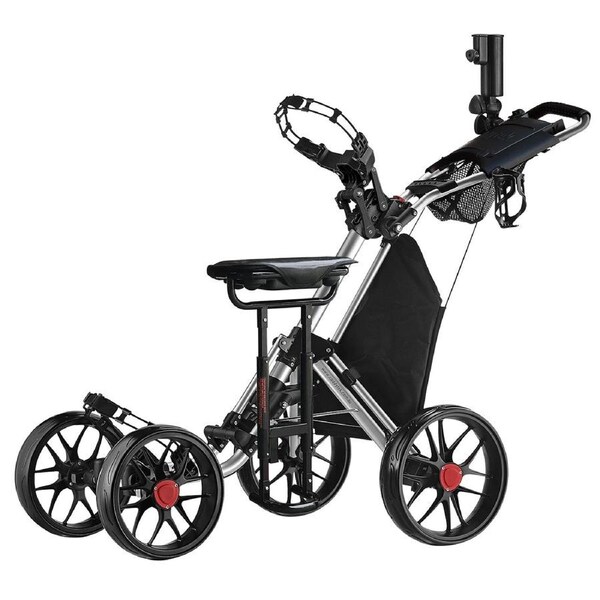 CaddyTek CaddyCruiser ONE Pro One-Click Folding 4-Wheel Golf Push Cart - Silver + Removable Seat