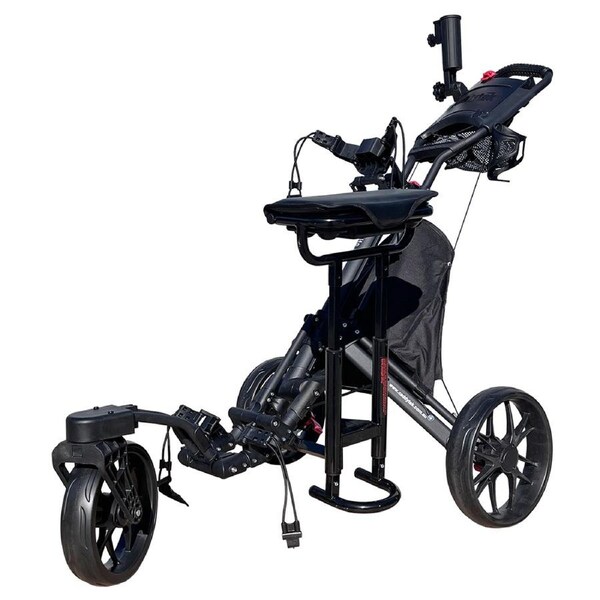 CaddyTek CaddyLite EZ-S Pro One-Click Folding 3-Wheel Golf Buggy with 360-Degree Swivel Front Wheel - Black + Removable Seat