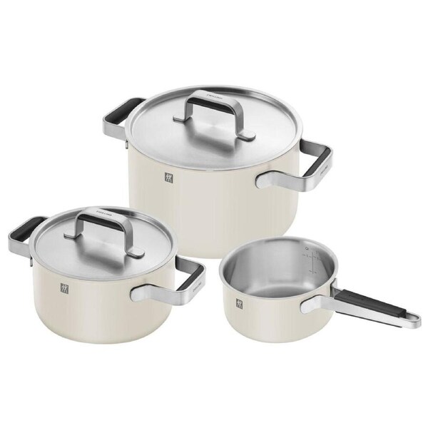 3pc Zwilling Pure Ceramic Stainless Steel Pot Saucepan Cookware Set w/ Lid Beige