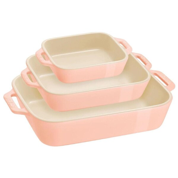 3pc Staub Ceramic Non-Stick Oven Dish Rectangular Baking Dishes Set Pink