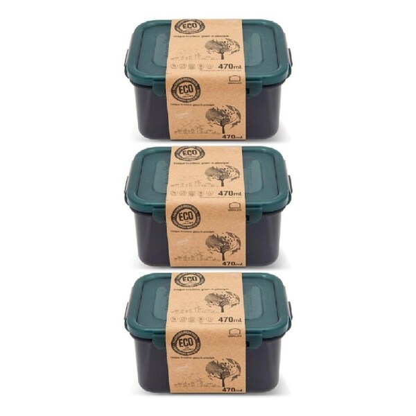 JOYBUY 3x 470ml Eco Rectangle Food Containers – Airtight Travel/Pantry Set (Short)