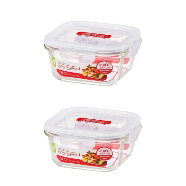 JOYBUY 2x Locknlock 500ml Euro Square Borosilicate Glass Food Container Storage w/ Lid