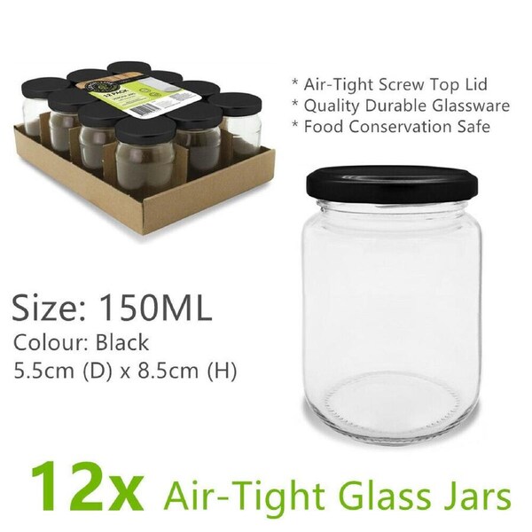 JOYBUY 12x 150ml Airtight Glass Jars – Small Bottles with Black Lids for Jam or Spices