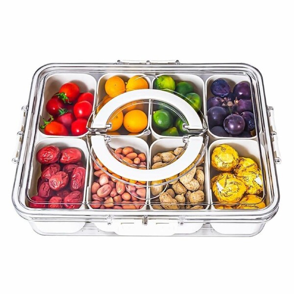 JOYBUY Divided Snack Box with Lid & Handle – 8-Compartment Clear Organizer for Candy, Nuts, Fruits