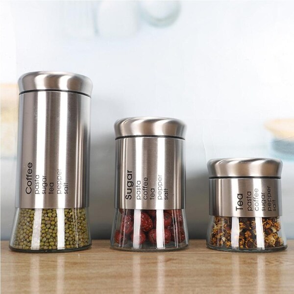 JOYBUY Tea, Sugar, Coffee Canister Set – Stainless Steel with Plastic & Glass Base, 13.5×10cm