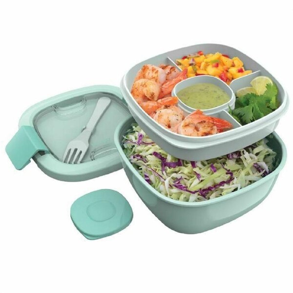 JOYBUY ONLINE All-In-One Salad Container – Coastal Aqua with Built-In Compartments