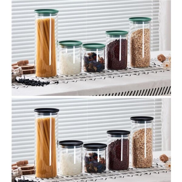 JOYBUY 5pc High Borosilicate Glass Jar Set – Black/Green PP Lid with Silicone Seal