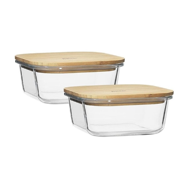 JOYBUY 2pc Ecology Nourish Square Glass Containers – 13.5cm with Bamboo Lids