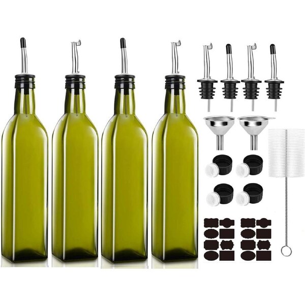 JOYBUY 4-Pack 17oz Olive Oil Dispenser Bottles – Green with Drip-Free Spouts & Cleaning Brush