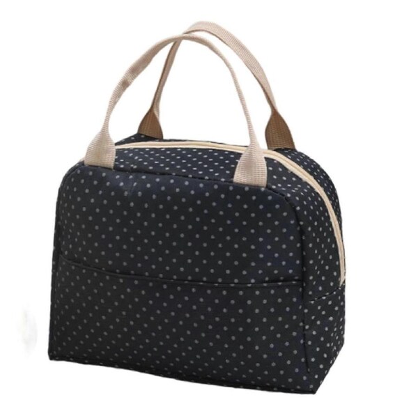 JOYBUY Black Polka Dot Canvas Lunch Bag – Compact Insulated Tote