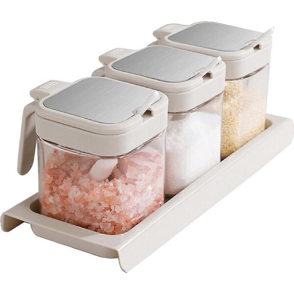 JOYBUY 1 Set Glass Seasoning Box – Clear Jars with Salt Pots & White Storage Stand