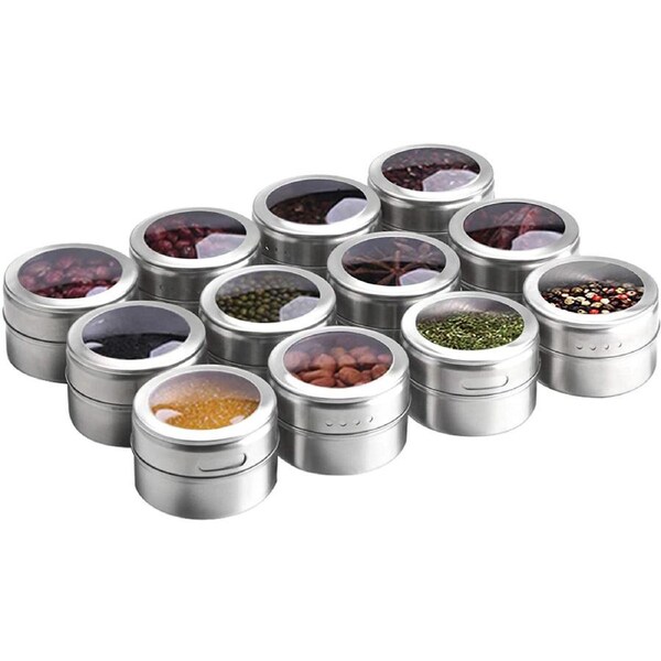 JOYBUY 12pcs Magnetic Spice Jars - Stainless Steel Tins with Glass Lid