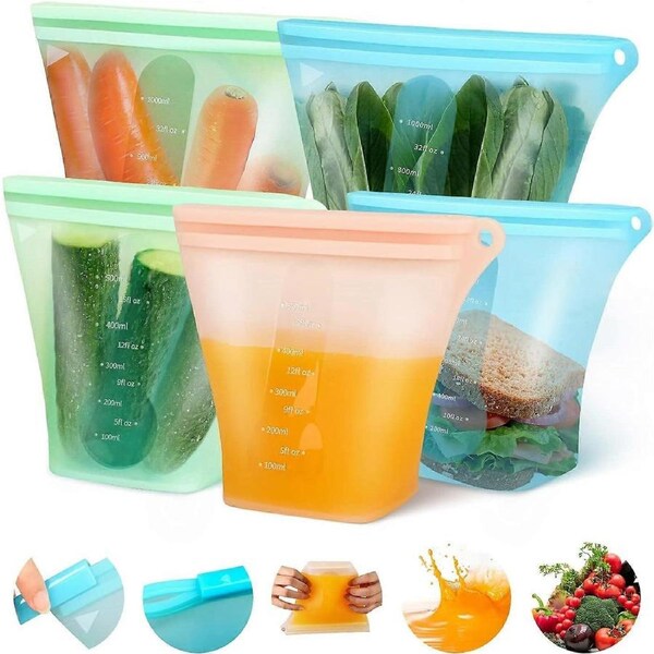 JOYBUY Set of 5 Reusable Silicone Food Storage Bags - Leakproof BPA-Free Sandwich Zipper Containers