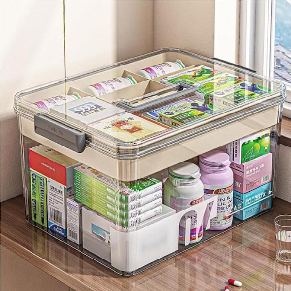 Medicine Storage Box With Handles & Multi-layer, Large Capacity Plastic Pills Box, Household Portable For Sundries(1pc)