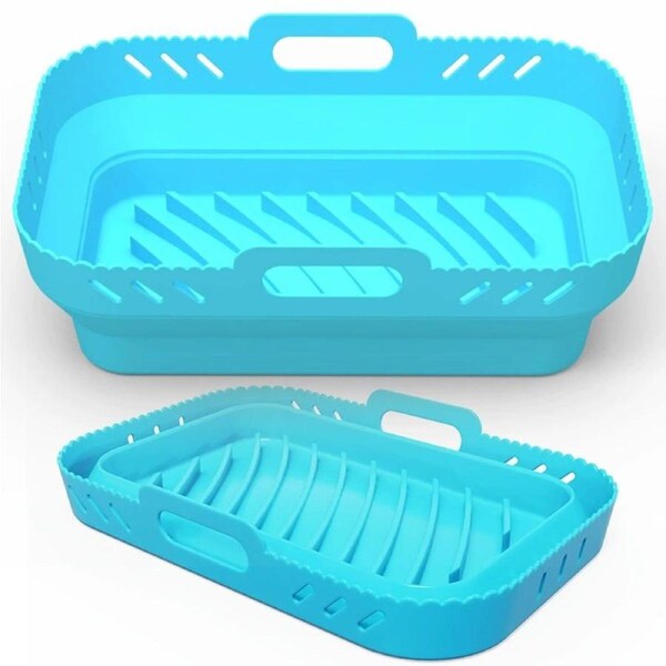 JOYBUY Blue 2 Pack Foldable DualZone Air Fryer Silicone Baking Tray Rectangular Basket Suitable For Ninja DZ201DZ302