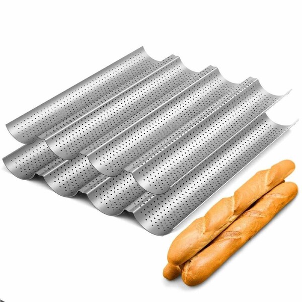 JOYBUY Nonstick Perforated Baguette Pan for French Bread Baking 15 Inch x 13 Inch 4 Loaf Silver Mold for Toaster Oven