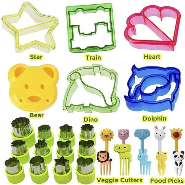 JOYBUY Sandwich Cutters for Kids, 28-Piece Set, 5 plastic sandwich mold, 1bear bread mold, 1large fruit cutter, 11small fruit cutter, 10 cartoon fruit fork