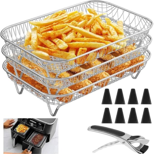 JOYBUY Air Fryer Accessories Rack for Ninja Basket, 3 Layers, 304 Stainless Steel Stacking Bacon Racks for Ninja AF300UK, Salter/Instant/EMtronics Double Drawer, with Clip and 8 Silicone Feet