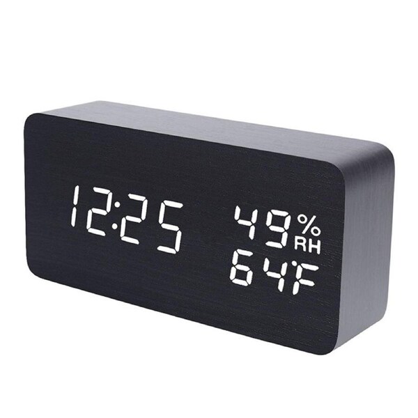 Catzon Wooden Alarm Clock with 3 Alarms 3 Brightness Voice Control for Home Office-Black