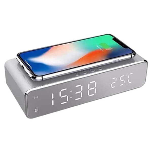 Catzon Digital Alarm Clock with Temperature Display & Wireless Charging Station-Silver