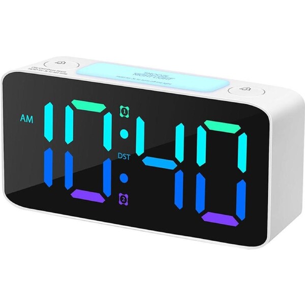 Catzon Digital Alarm Clock with 7 Color Night Light Adjustable Volume for Kids-White