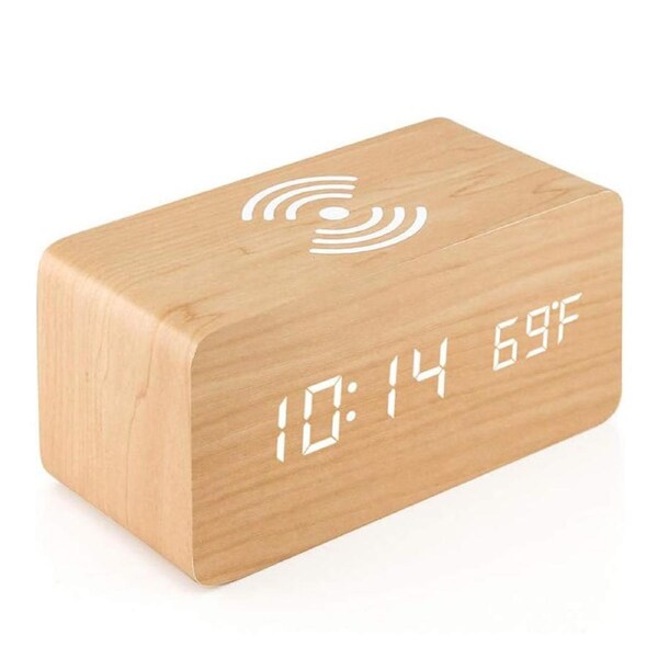 Catzon Wooden Alarm Clock with Qi Wireless Charging Pad Compatible with iPhone Samsung-Bamboo