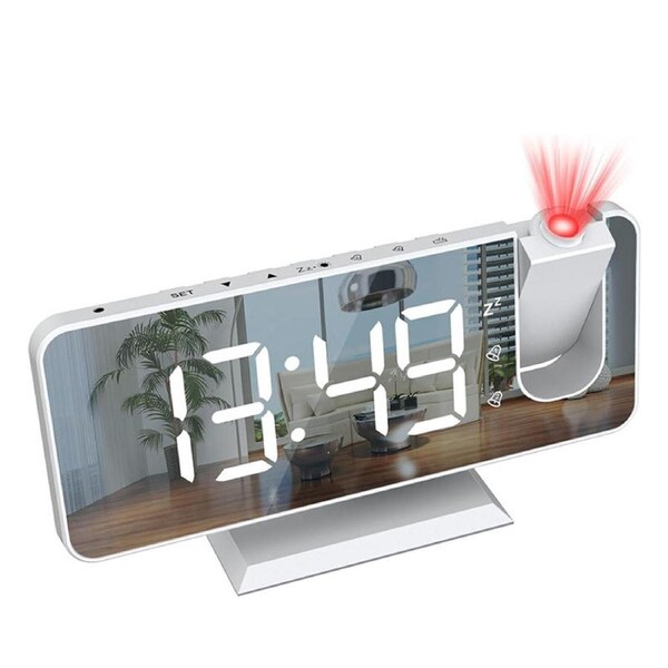 Catzon LED Mirror Alarm Clock with Projection Display Auto Dimmer for Heavy Sleepers-White